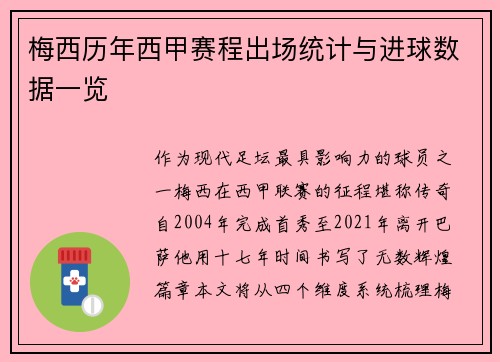梅西历年西甲赛程出场统计与进球数据一览